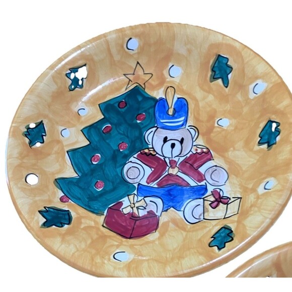 Three Gibson Festive Christmas Nutcracker Bear 11'1/8" Yellow Dinner Plates - Picture 2 of 11